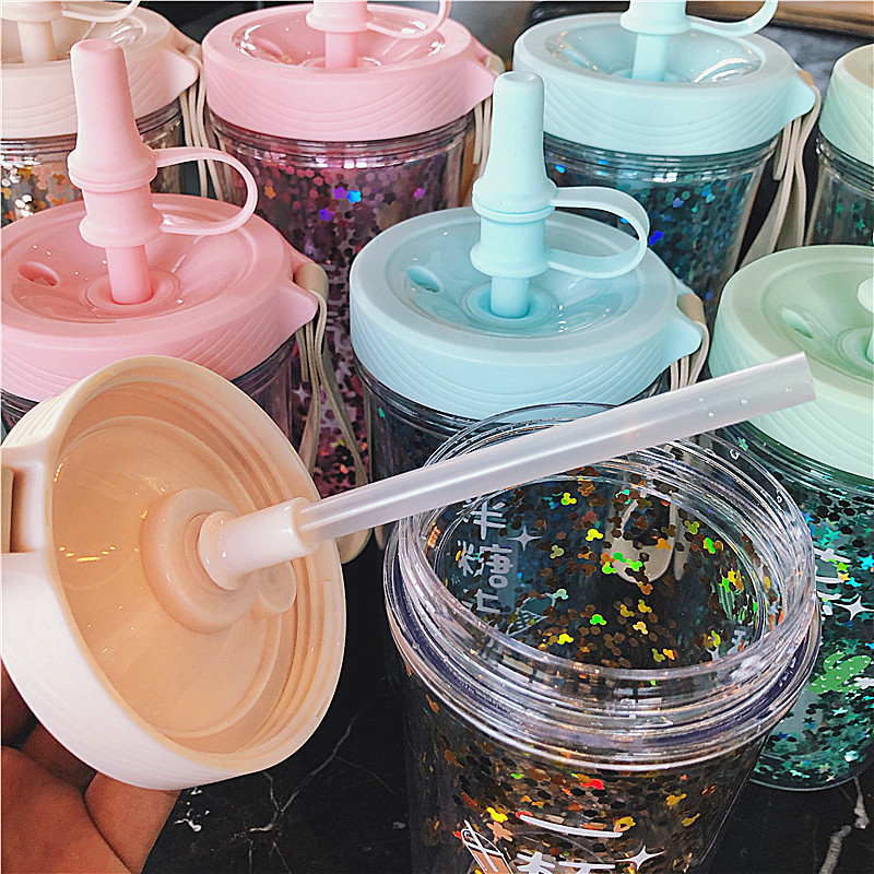Internet Celebrity Double-Layer Heat Insulation Plastic Sippy Cup Cute Sequin Student Cup Korean Style Fresh Water Cup Girlwill Internet Celebrity Double-Layer Heat Insulation Plastic Sippy Cup Cute Sequin Student Cup Korean Style Fresh Water Cup Girlwill