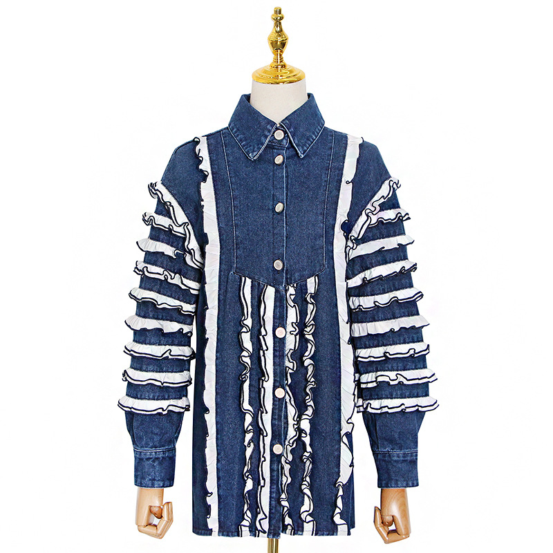 Cake agaric edge stitching denim jacket 2020 Autumn new lace edge bubbling sleeve button design blouse woman