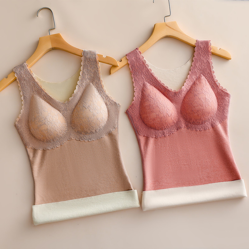 Autumn and Winter Women&#039;s Double-Sided Brushed Seamless Dralon Warm Inner Latex Pad Vest Vest Bottoming Top Lace Edge