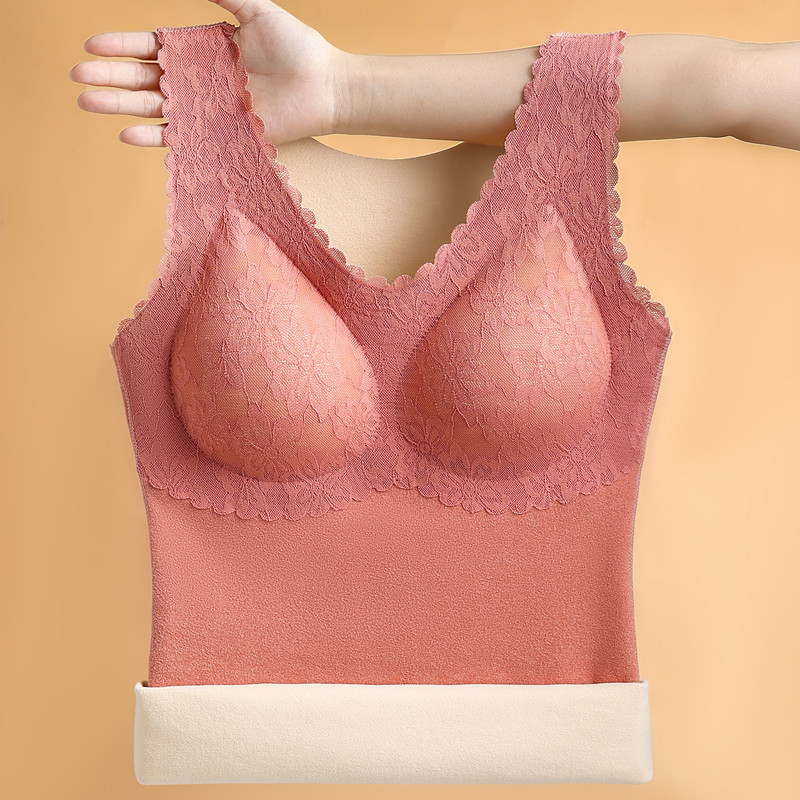 Autumn and Winter Women&#039;s Double-Sided Brushed Seamless Dralon Warm Inner Latex Pad Vest Vest Bottoming Top Lace Edge