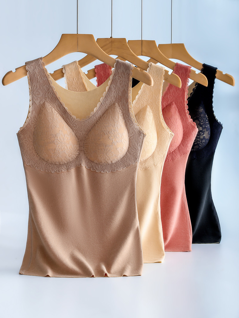 Autumn and Winter Women's Double-Sided Brushed Seamless Dralon Warm Inner Latex Pad Vest Vest Bottoming Top Lace Edge Autumn and Winter Women's Double-Sided Brushed Seamless Dralon Warm Inner Latex Pad Vest Vest Bottoming Top Lace Edge
