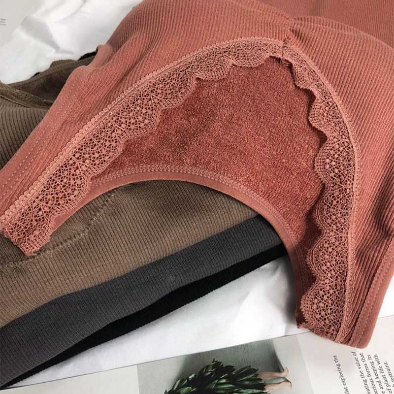 Velvet Lace Edge V-neck Terry Warm Vest Thickened Base with Chest Pad Warm Vest Beauty Back Underwear Women