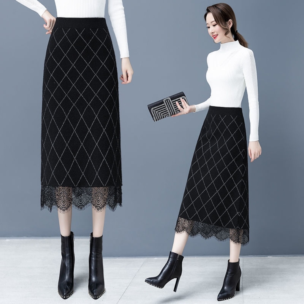 Plaid Knitted Skirt Mid-Length 2020 Autumn and Winter New Korean Style Waist Slimming Elegant Graceful Lace Edge Plaid Knitted Skirt Mid-Length 2020 Autumn and Winter New Korean Style Waist Slimming Elegant Graceful Lace Edge