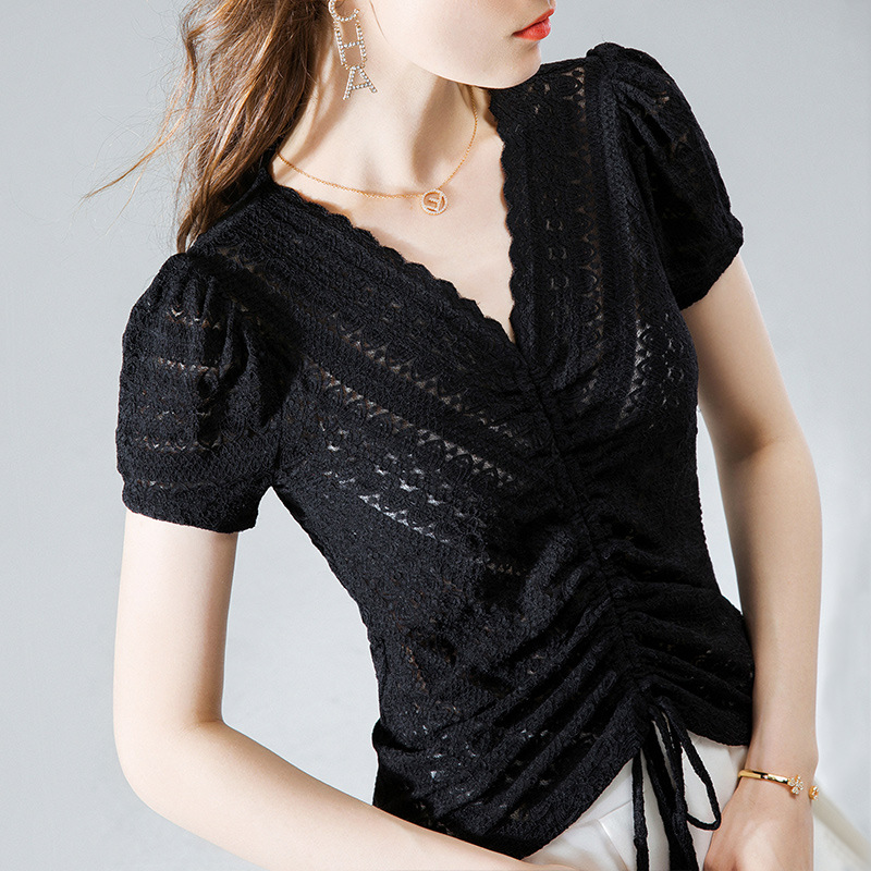 women with wavy edge and Vneck lace shirt for women with summer 2020 blouse with pleated drawstring and bubble sleeve