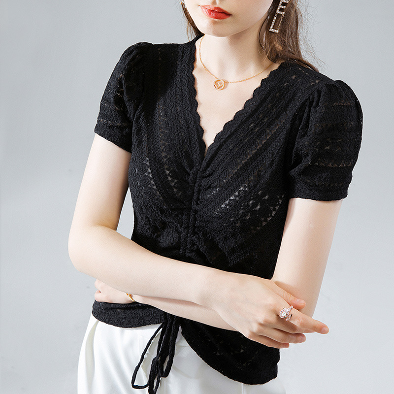 women with wavy edge and Vneck lace shirt for women with summer 2020 blouse with pleated drawstring and bubble sleeve