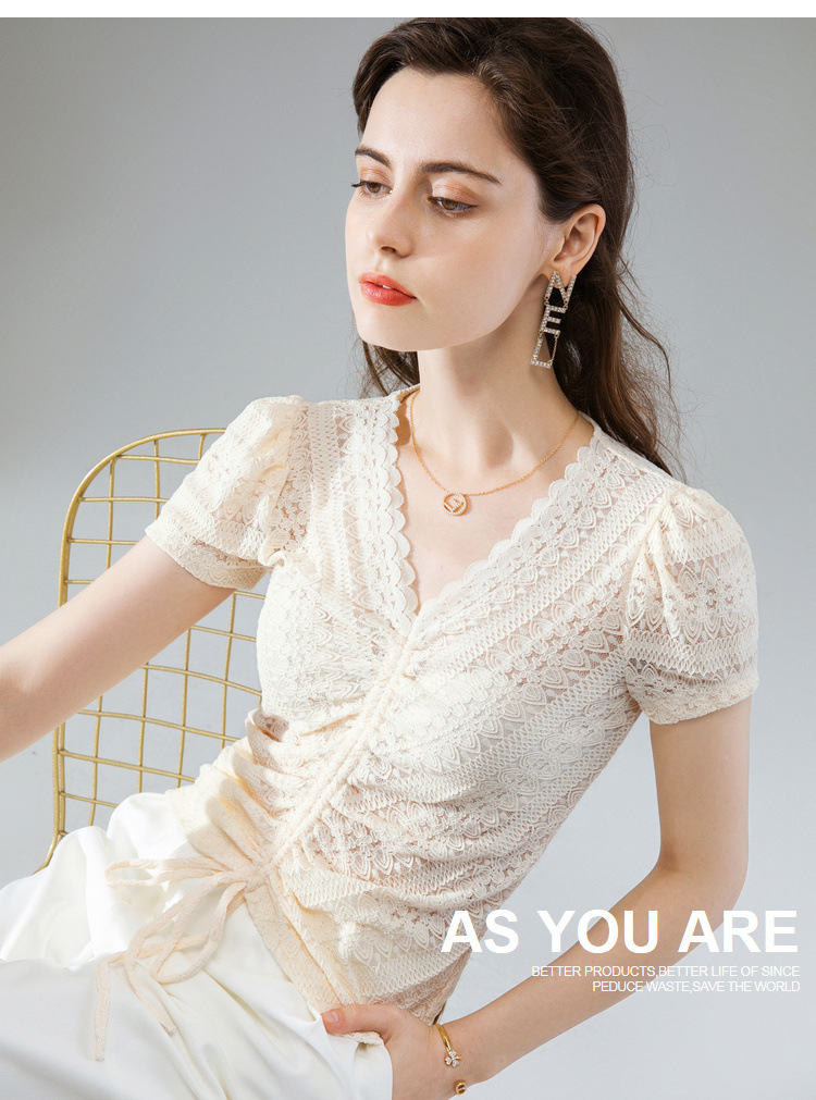 women with wavy edge and Vneck lace shirt for women with summer 2020 blouse with pleated drawstring and bubble sleeve women with wavy edge and Vneck lace shirt for women with summer 2020 blouse with pleated drawstring and bubble sleeve