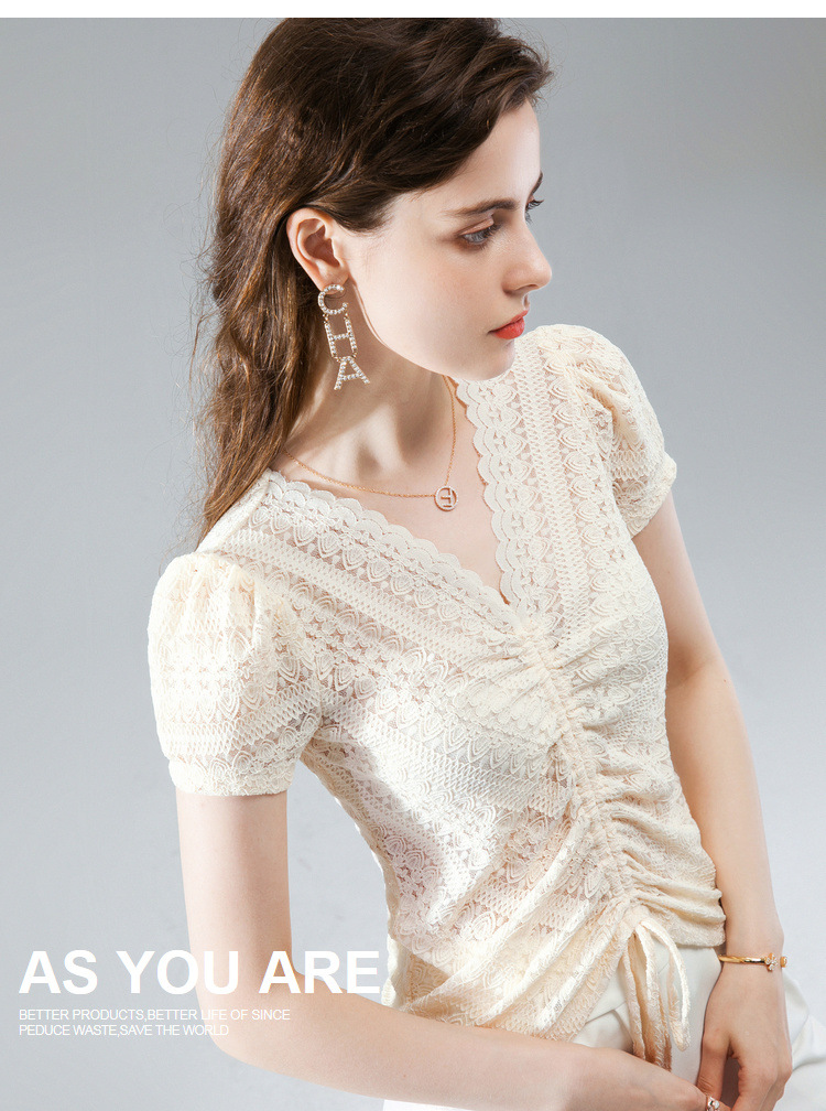 women with wavy edge and Vneck lace shirt for women with summer 2020 blouse with pleated drawstring and bubble sleeve women with wavy edge and Vneck lace shirt for women with summer 2020 blouse with pleated drawstring and bubble sleeve