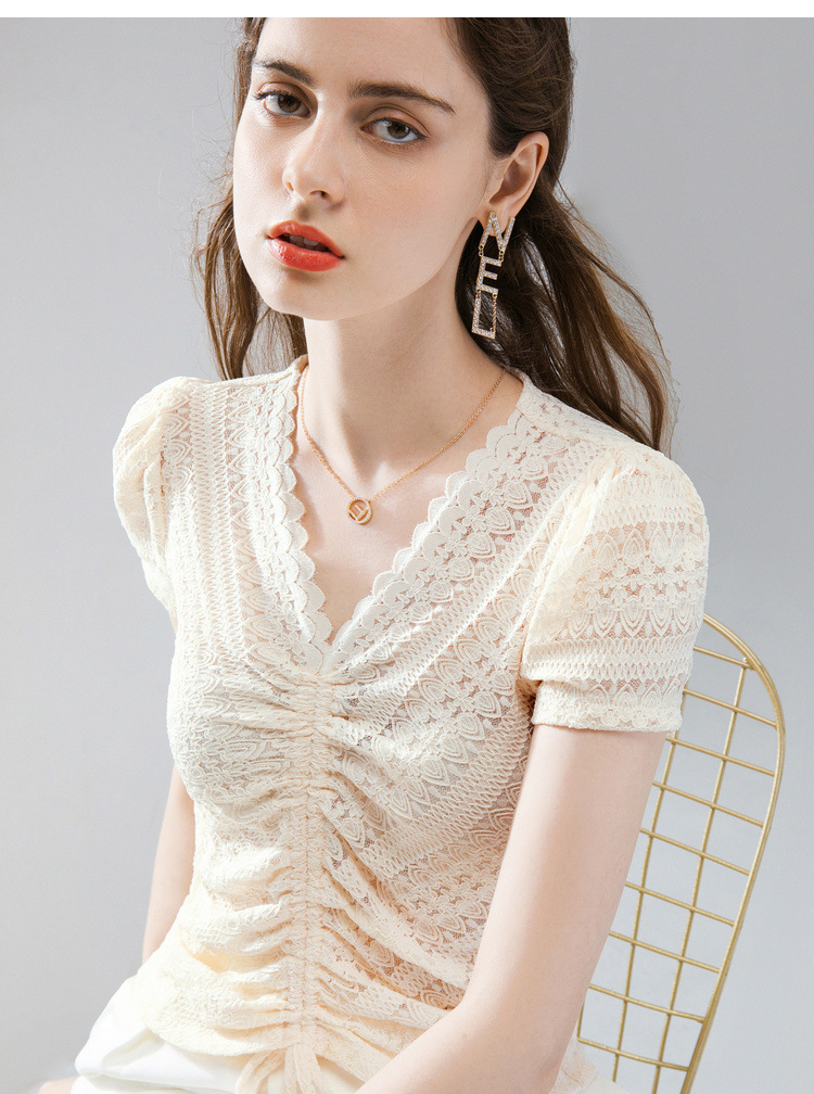 women with wavy edge and Vneck lace shirt for women with summer 2020 blouse with pleated drawstring and bubble sleeve women with wavy edge and Vneck lace shirt for women with summer 2020 blouse with pleated drawstring and bubble sleeve