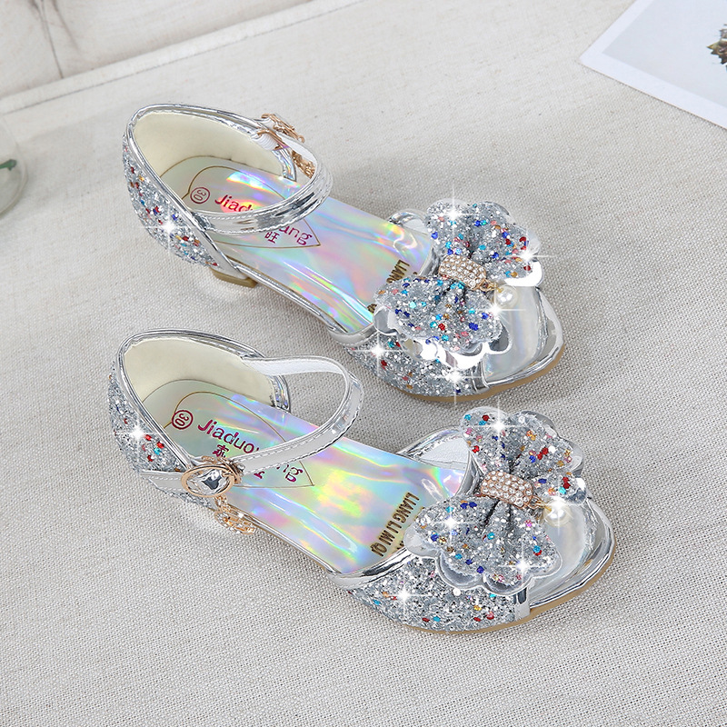 2021 New Frozen Dream Girls High Heel Shoes Children&#039;s Princess Sandals Bowknot Children&#039;s Shoes Crystal Heel Shoes