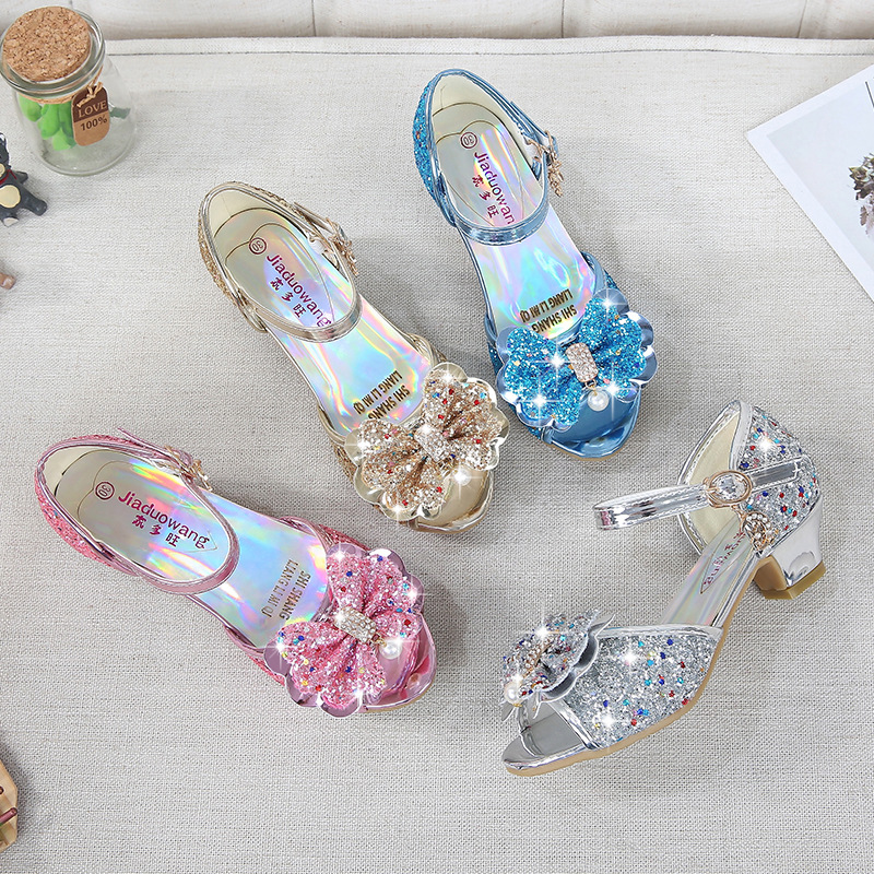 2021 New Frozen Dream Girls High Heel Shoes Children&#039;s Princess Sandals Bowknot Children&#039;s Shoes Crystal Heel Shoes