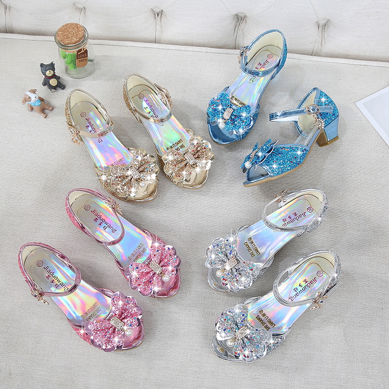 2021 New Frozen Dream Girls High Heel Shoes Children&#039;s Princess Sandals Bowknot Children&#039;s Shoes Crystal Heel Shoes