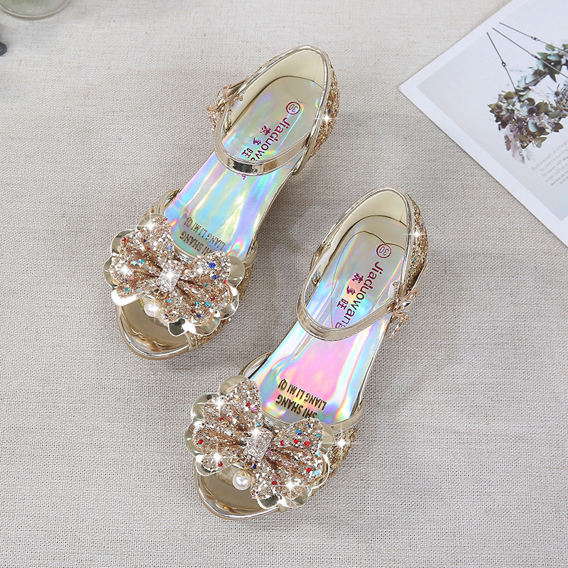 2021 New Frozen Dream Girls High Heel Shoes Children&#039;s Princess Sandals Bowknot Children&#039;s Shoes Crystal Heel Shoes