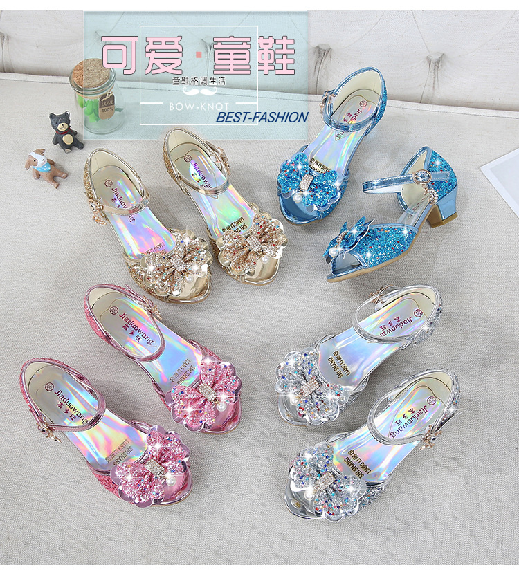 2021 New Frozen Dream Girls High Heel Shoes Children's Princess Sandals Bowknot Children's Shoes Crystal Heel Shoes
