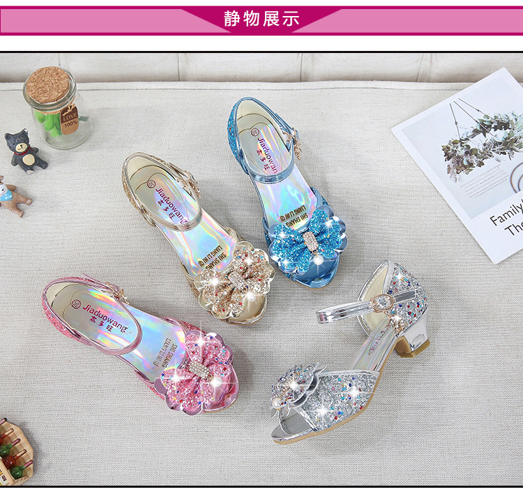 2021 New Frozen Dream Girls High Heel Shoes Children's Princess Sandals Bowknot Children's Shoes Crystal Heel Shoes