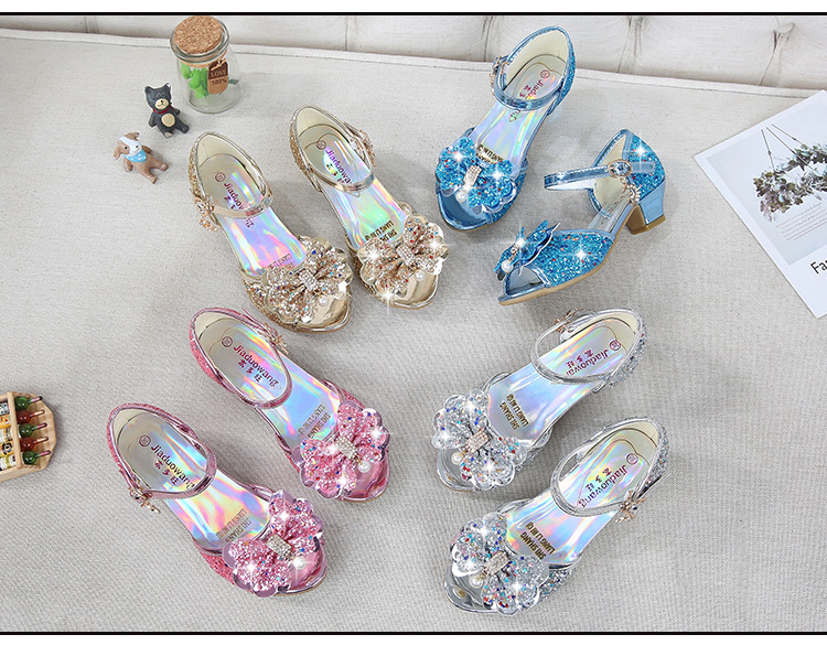 2021 New Frozen Dream Girls High Heel Shoes Children's Princess Sandals Bowknot Children's Shoes Crystal Heel Shoes