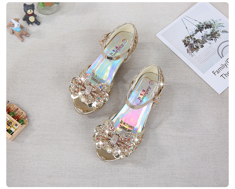 2021 New Frozen Dream Girls High Heel Shoes Children's Princess Sandals Bowknot Children's Shoes Crystal Heel Shoes