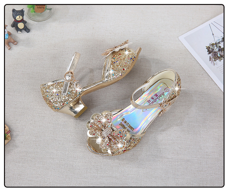 2021 New Frozen Dream Girls High Heel Shoes Children's Princess Sandals Bowknot Children's Shoes Crystal Heel Shoes