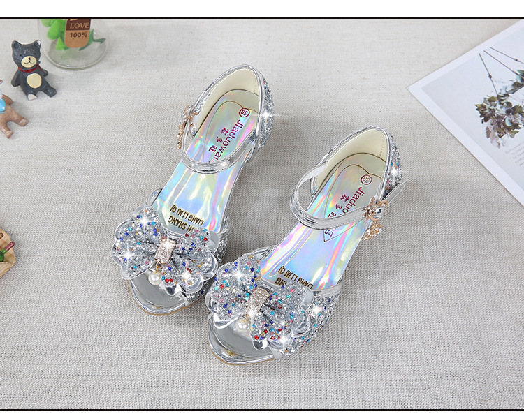 2021 New Frozen Dream Girls High Heel Shoes Children's Princess Sandals Bowknot Children's Shoes Crystal Heel Shoes