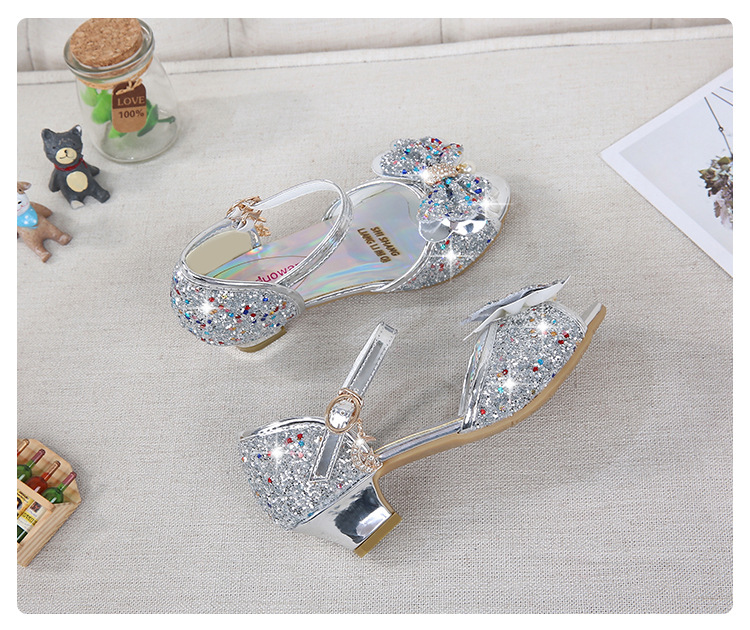 2021 New Frozen Dream Girls High Heel Shoes Children's Princess Sandals Bowknot Children's Shoes Crystal Heel Shoes