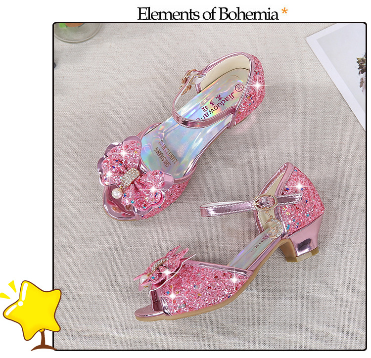 2021 New Frozen Dream Girls High Heel Shoes Children's Princess Sandals Bowknot Children's Shoes Crystal Heel Shoes