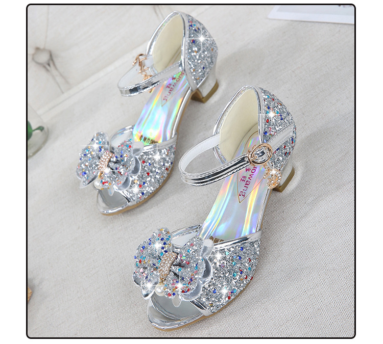 2021 New Frozen Dream Girls High Heel Shoes Children's Princess Sandals Bowknot Children's Shoes Crystal Heel Shoes