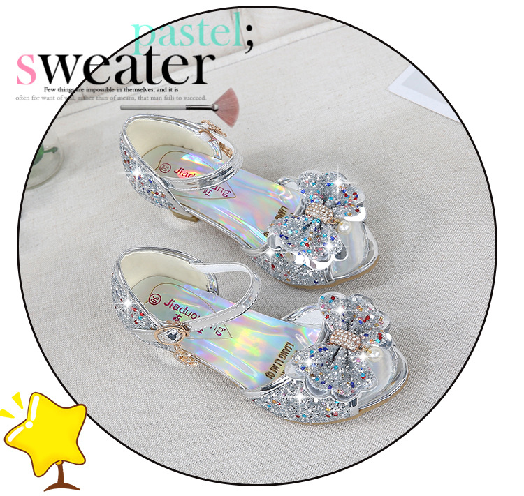 2021 New Frozen Dream Girls High Heel Shoes Children's Princess Sandals Bowknot Children's Shoes Crystal Heel Shoes