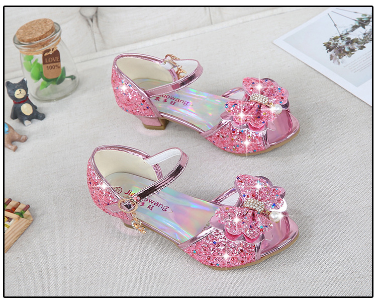 2021 New Frozen Dream Girls High Heel Shoes Children's Princess Sandals Bowknot Children's Shoes Crystal Heel Shoes