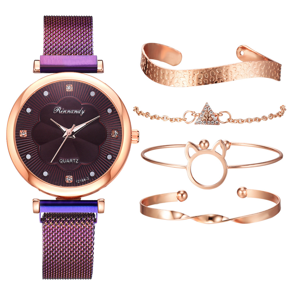 INS Cross-Border Watch Women's Magnetic Buckle Simple Casual Watch Flower Dial Alloy Mesh Quartz Watch