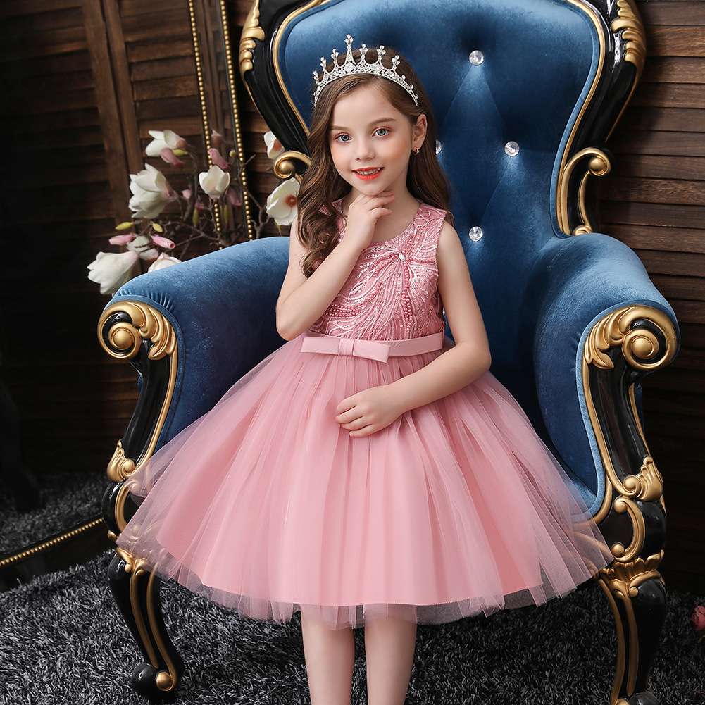 Baby Spring Children &#039;S Dress Sleeveless Pink Princess Dress Girl Dress Beaded Mesh Bubble Skirt Little Kids&#039; Skirt