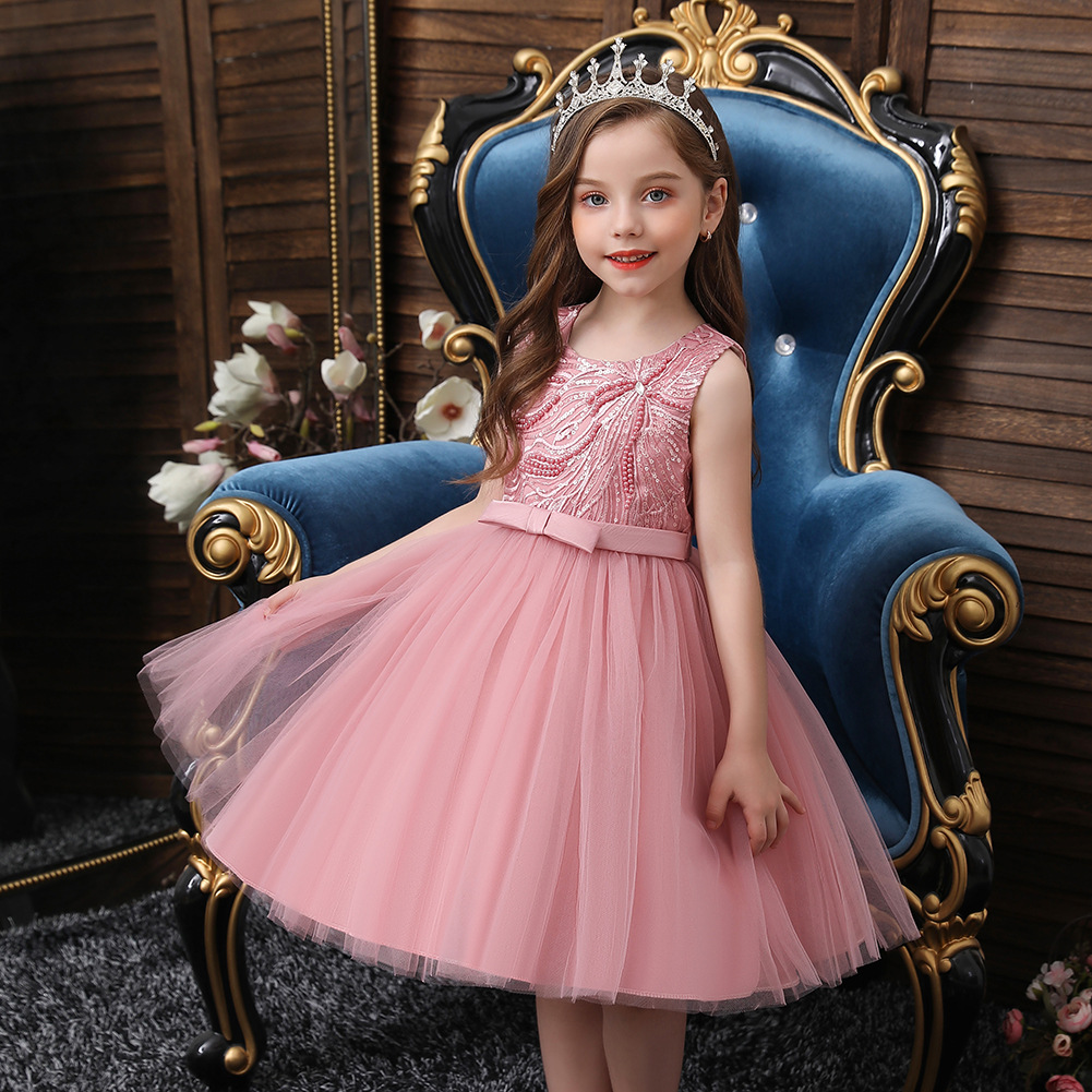 Baby Spring Children &#039;S Dress Sleeveless Pink Princess Dress Girl Dress Beaded Mesh Bubble Skirt Little Kids&#039; Skirt