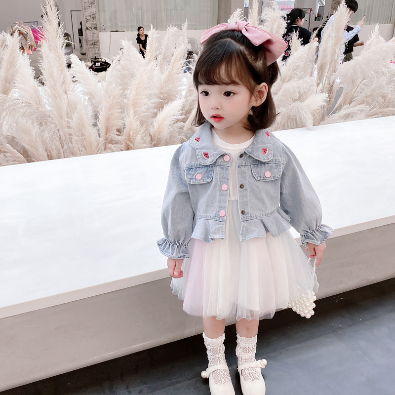Girls&#039; Watermelon Denim Jacket Yarn Skirt Suit 2021 Spring New Children Sweet Princess Two-Piece Autumn Clothes