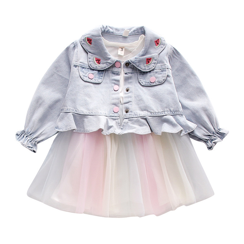 Girls&#039; Watermelon Denim Jacket Yarn Skirt Suit 2021 Spring New Children Sweet Princess Two-Piece Autumn Clothes