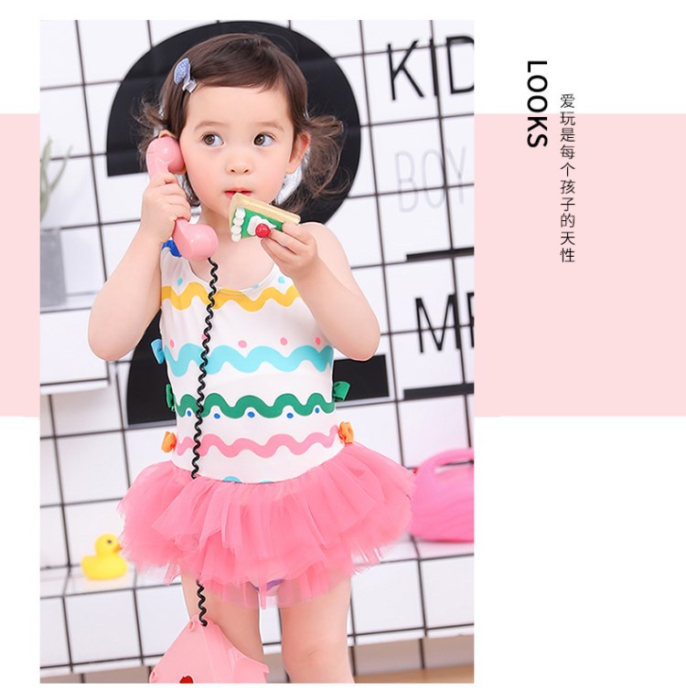 New Girls Swimwear Children&#039;s One-Piece Skirt Swimsuit Wave Print Tulle Skirt Cute Baby Swimsuit
