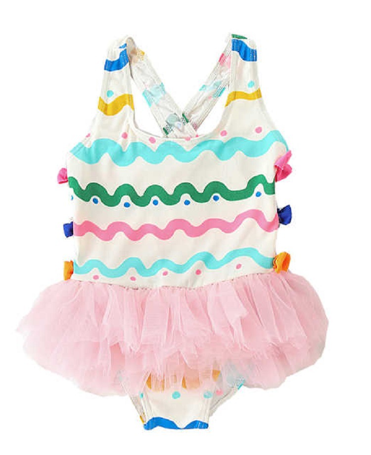 New Girls Swimwear Children&#039;s One-Piece Skirt Swimsuit Wave Print Tulle Skirt Cute Baby Swimsuit