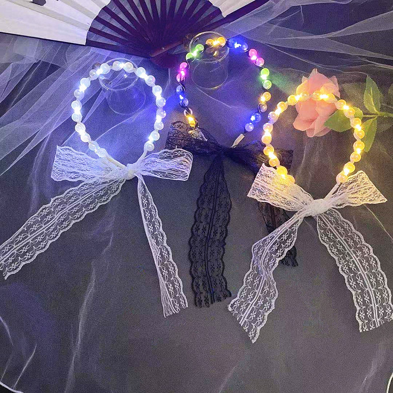Internet Celebrity Fairy Luminous Headband Hair Band One-Piece Lace Women's Hair Tie Gentle Lace Pearls Strap Headdress Night Market Push
