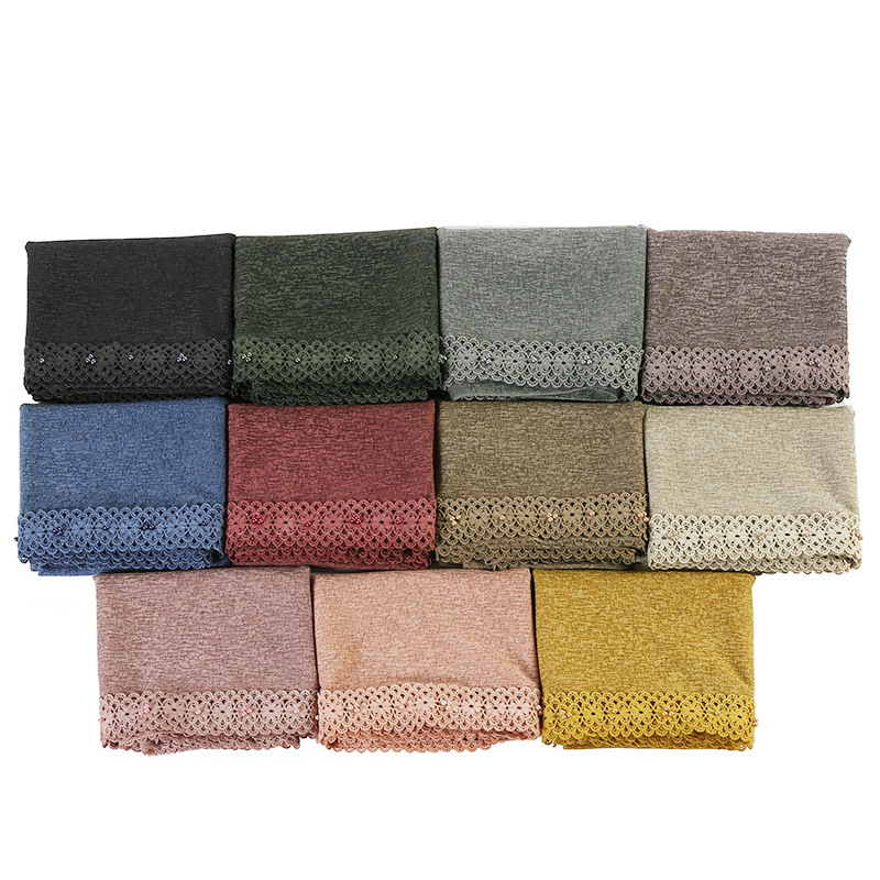 Cross-Border Wish New Linen Lace Edge Pearl Solid Color Women &#039;S Scarf Headcloth 11 Colors