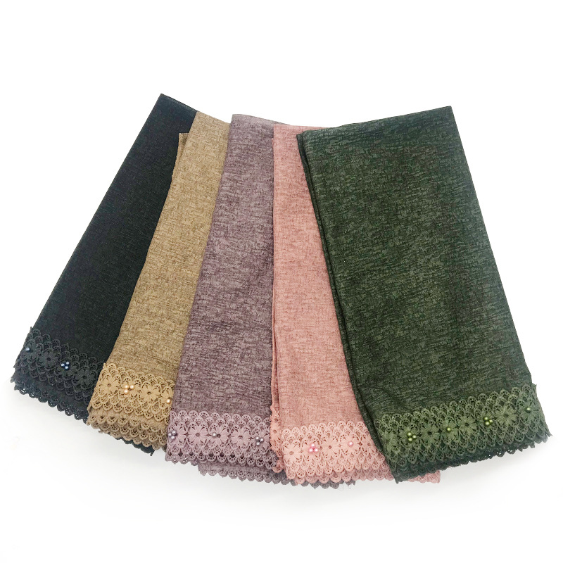Cross-Border Wish New Linen Lace Edge Pearl Solid Color Women &#039;S Scarf Headcloth 11 Colors