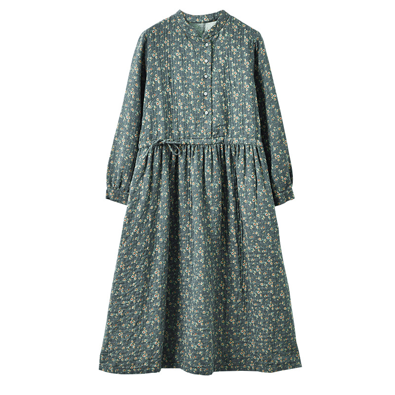 Retro Women&#039;s Clothing 2021 New Long Sleeve Floral Dress Autumn and Winter Tight Waist Small Temperament A- line Dress Wholesale