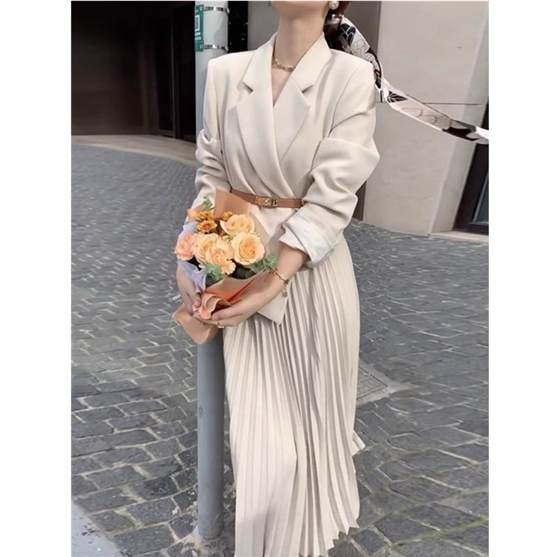 Korean Style Dress Stitching Fake Two-Piece Suit Pleated 2021 Autumn Korean Style Fashion Design Suit Long Skirt