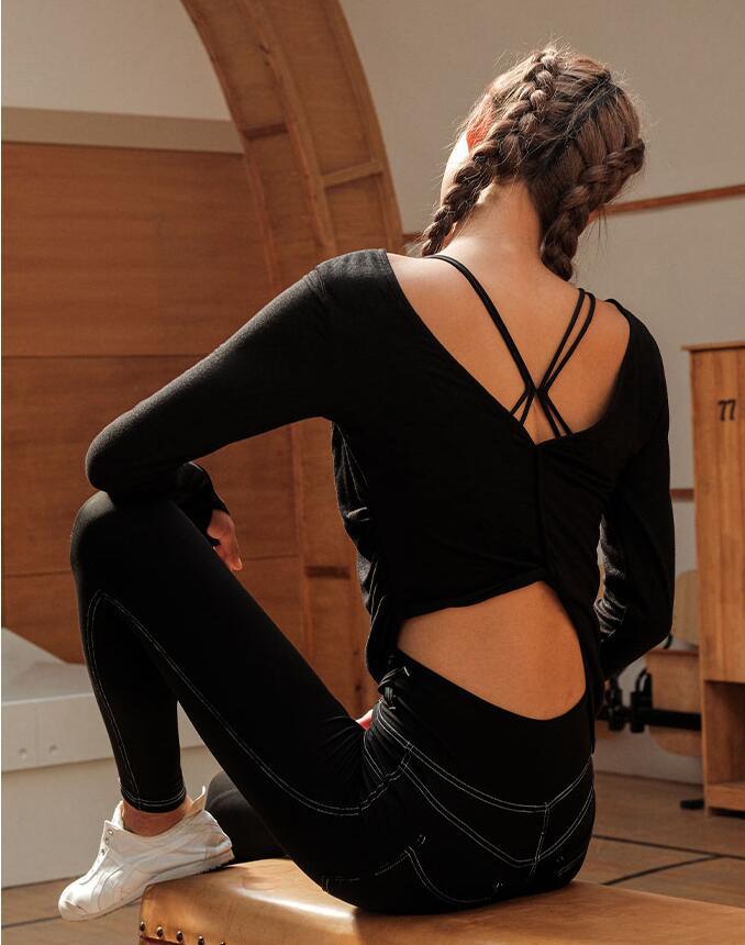 Internet Celebrity Autumn and Winter New Fitness Sports Long Sleeve Yoga Wear Top Running Training Sexy Beauty Back Blouse Dancing Dress