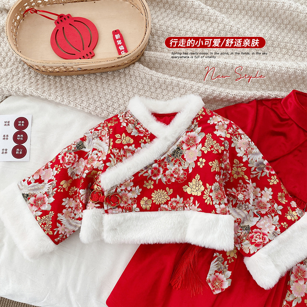 Girls New Year Clothes 0-6 Years Old Baby Girl Suit Children Suit for the New Year Velvet Padded Dress + Hanfu Top Ct052