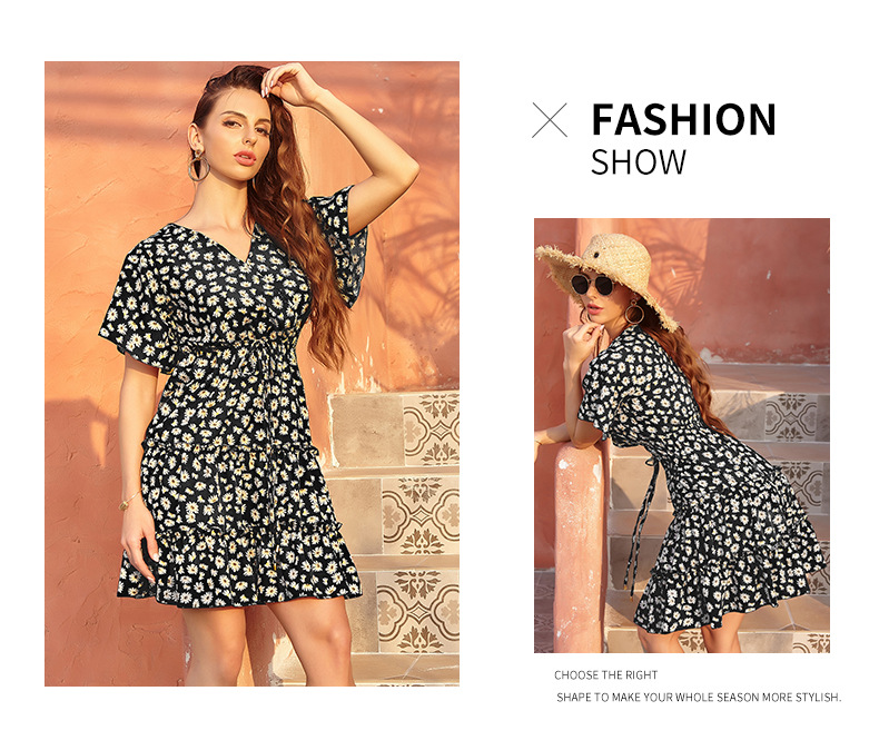 Amazon Cross-Border 2021 European and American Foreign Trade Women's Clothing Chiffon Floral V-neck Lace-up Dress Women's French Casual