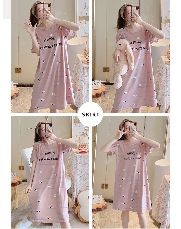 Summer Short Sleeve Night Dress Female Korean Ins Student Mid-Length Dress Loose Large Size Milk Silk Cartoon Thin