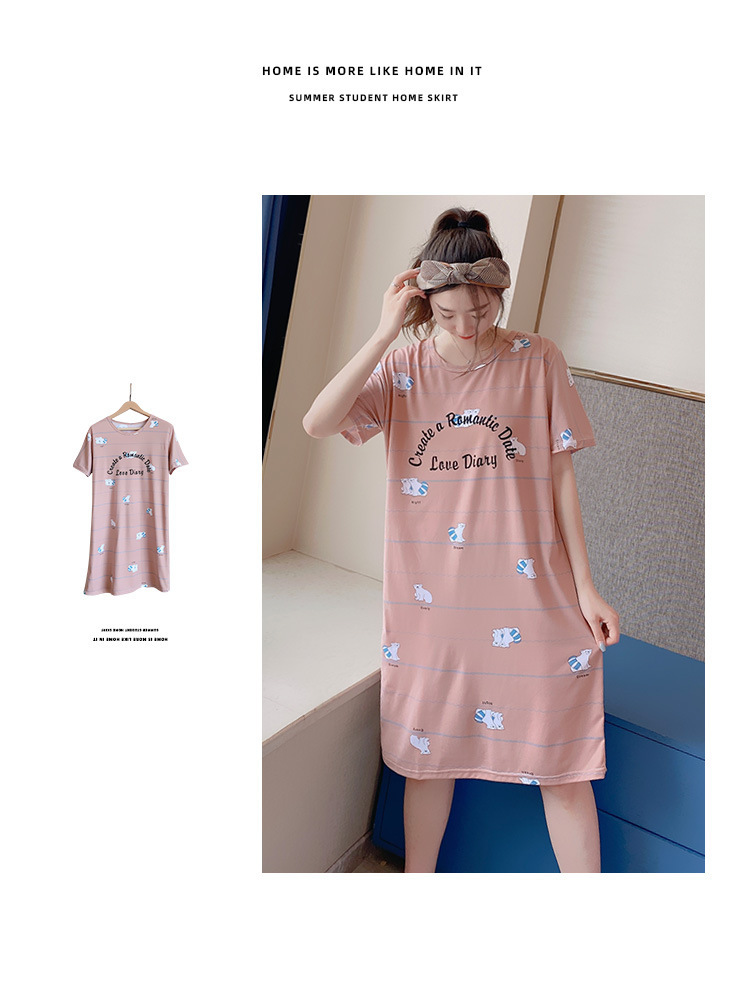 Summer Short Sleeve Night Dress Female Korean Ins Student Mid-Length Dress Loose Large Size Milk Silk Cartoon Thin