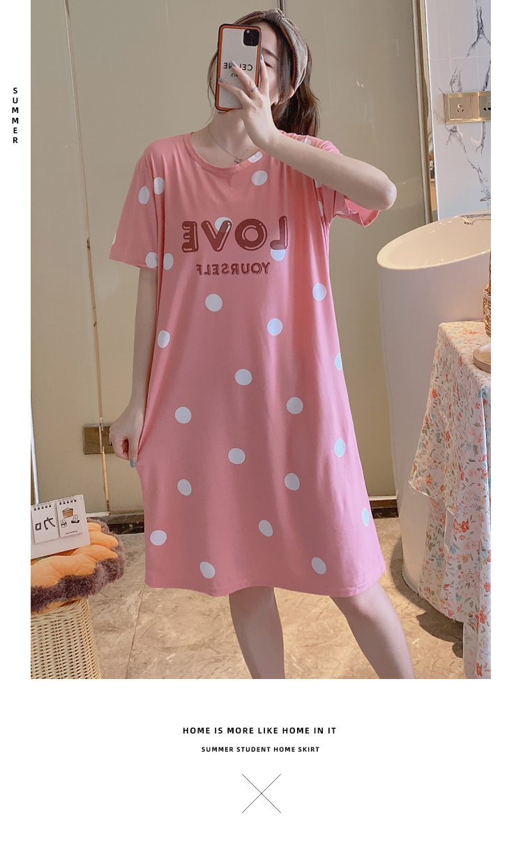 Summer Short Sleeve Night Dress Female Korean Ins Student Mid-Length Dress Loose Large Size Milk Silk Cartoon Thin