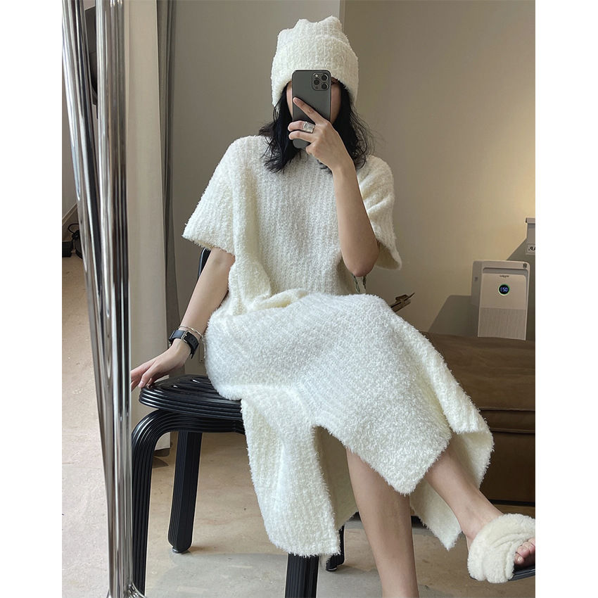 Early Spring New Korean Style Gentle Temperament Pullover Sweater with Short Sleeves Dress Loose Slimming Soft Knitted Dress for Women