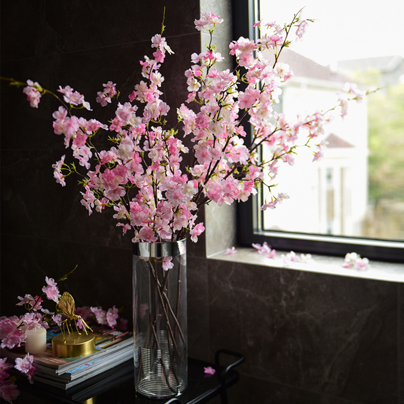 Factory Simulation 4 Fork Cherry Twig Long Branch Fake Flower Raw Silk Plastic Flowers Wedding Celebration Dress up Arch Lead Artificial Flower