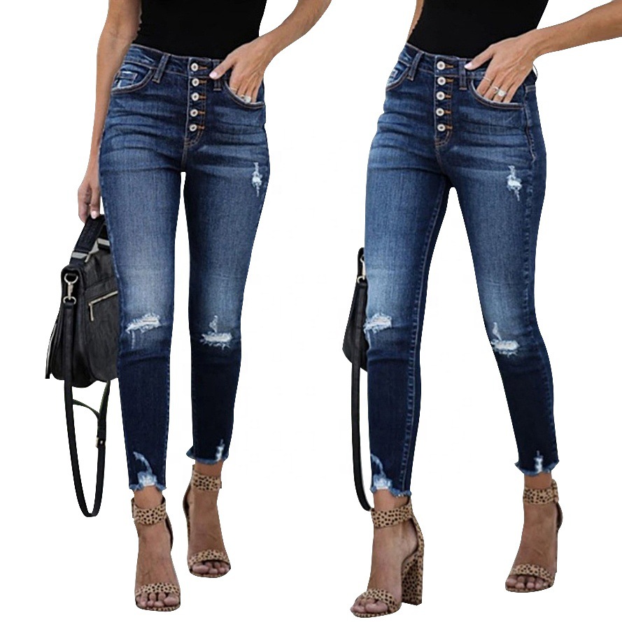 jeans and American Foreign Trade Amazon High Waist Retro Breasted Fringe Skinny Stretch Ripped Jeans Women&#039;s Trousers