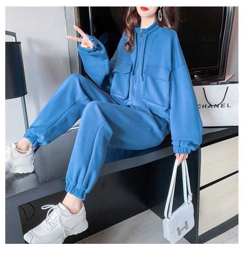 Fashion Casual Exercise Suit Female 2022 Spring and Autumn New Pure Color All-Matching Loose-Fitting Slimming Pants Two-Piece Suit Female Fashion