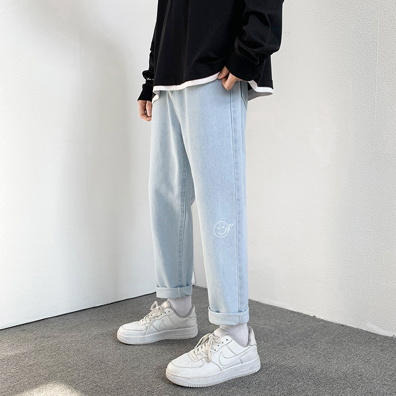 2022 Jeans Men&#039;s Korean Style Casual Men&#039;s Denim (Ankle-Length Pants) Spring and Autumn Trends Light Color Hole Mid-Waist Jeans